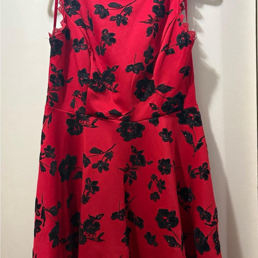 City Studio Red Dress with Black Lace Detail